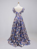 Purple Floral Print Off-the-Shoulder A-Line Prom Dress with Corset Bodice