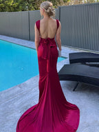 Purple Mermaid Straps Satin Pleated Long Prom Dress with Train