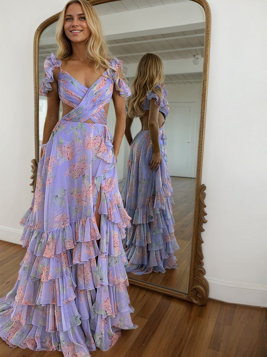 Lila bedrucktes A-Linien-Abendkleid mit Stufen und Schlitz