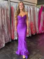 Purple Strapless Corset Prom Dress with Structured Flounce Hem