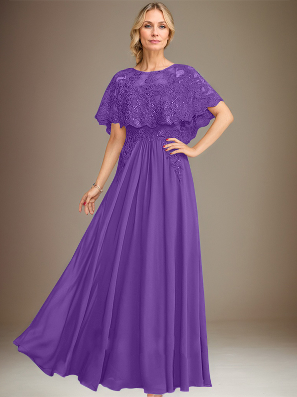 A-Linien Spitzen-Chiffon-Mutter-der-Braut-Kleid mit Bootsausschnitt, bodenlang und Applikations-Pailletten