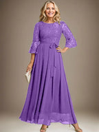 A-line Scoop Ankle-Length Lace Chiffon Mother of the Bride Dress With Bow