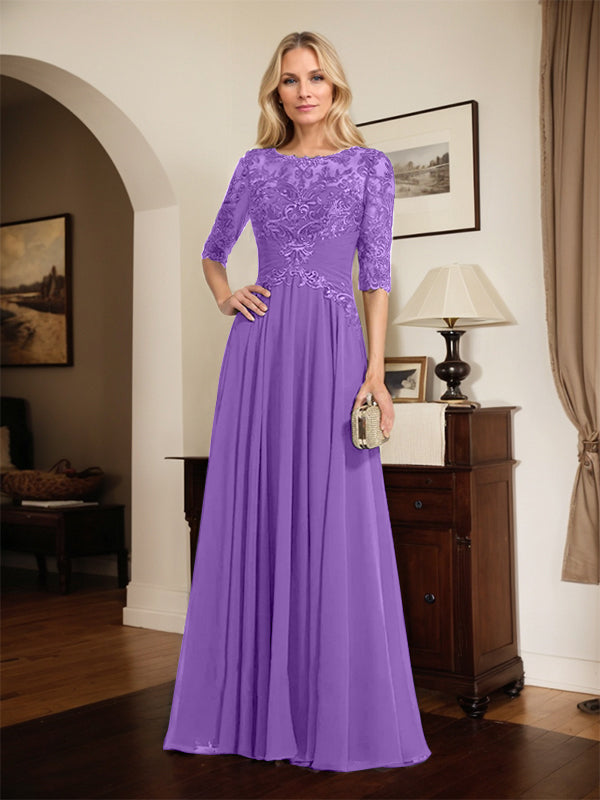 A-Linien Ausschnitt Illusions-Bodenlanges Chiffon-Spitzenkleid für die Mutter der Braut mit plissierten Pailletten