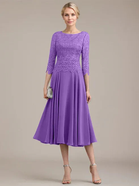 A-Linien Kleid mit Rundhalsausschnitt, tea-länge, Spitze und Chiffon, Mutter der Braut Kleid