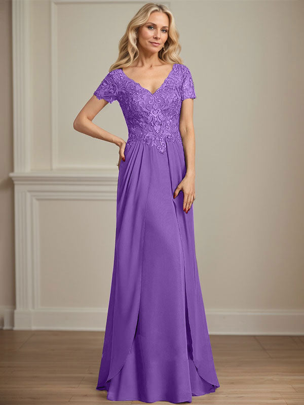 A-Linien Chiffon-Spitzen-Mutter-der-Braut-Kleid mit V-Ausschnitt, bodenlang