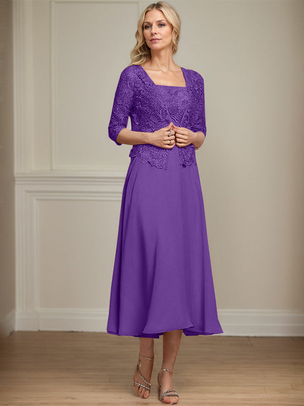 Robe de mère de la mariée en mousseline et dentelle ligne A longueur thé avec perles et sequins