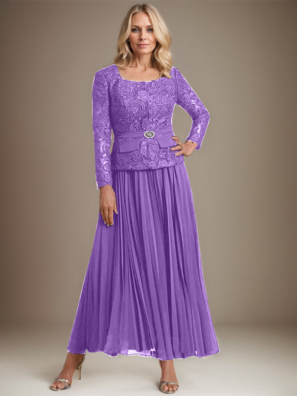 A-Linien-Kleid mit quadratischem Ausschnitt, knöchellang, Chiffon, Mutter der Braut, mit Falten