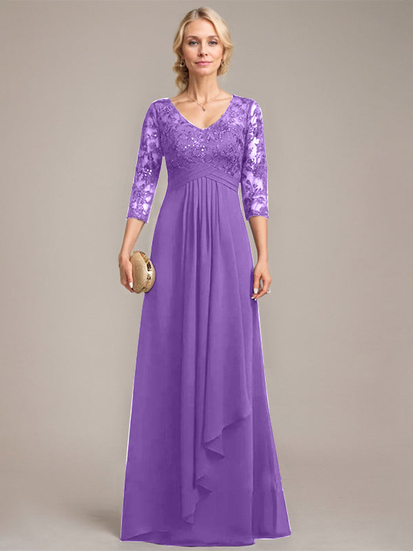 A-Linien V-Ausschnitt bodenlanges Spitzen-Chiffonkleid für die Mutter der Braut mit kaskadierenden Rüschen und Pailletten