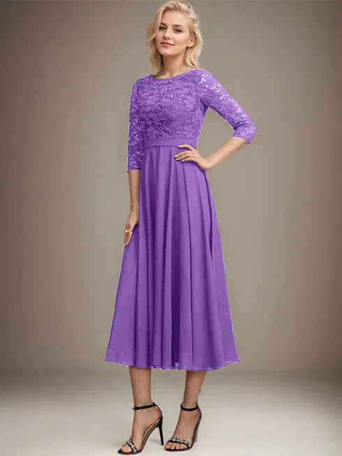 A-Linien Spitzen-Chiffon-Brautmutterkleid mit V-Ausschnitt, tea-length, mit Pailletten