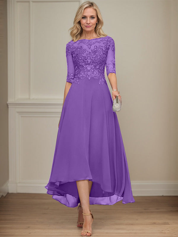 A-Linien Bootsausschnitt Illusionskleid mit asymmetrischem Chiffon-Spitzenstoff, Mutter-der-Braut-Kleid mit Paillettenperlen
