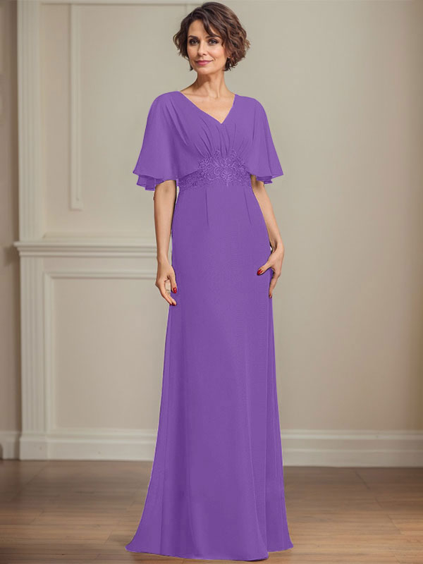 A-Linien Chiffon Mutter-der-Braut-Kleid mit V-Ausschnitt, bodenlang, mit plissierten Pailletten-Applikationen und Spitze