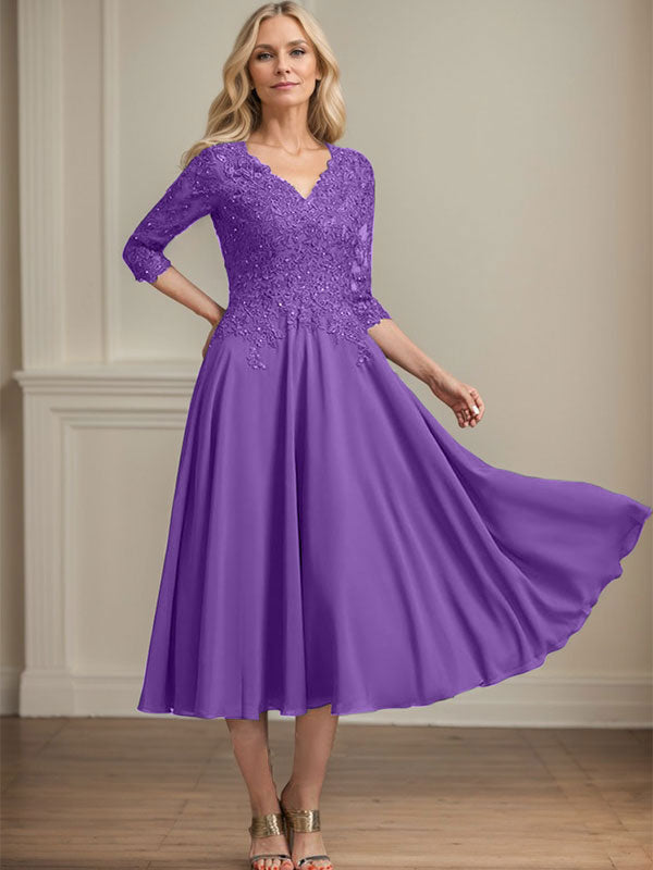 Robe de mère de la mariée en mousseline longueur thé, ligne A, col en V, en dentelle avec perles et sequins