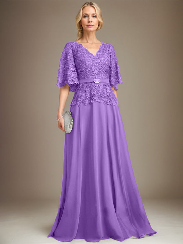 A-Linien V-Ausschnitt Bodenlanges Chiffon-Spitzen Mutter-der-Braut-Kleid mit Kristallbrosche und Strass