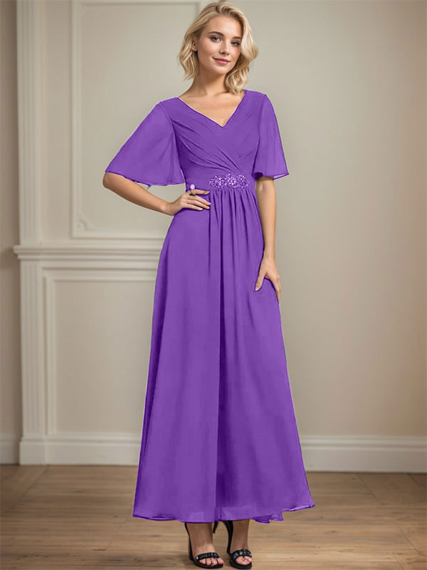 A-Linien V-Ausschnitt Knöchellanges Chiffon Kleid für die Brautmutter mit plissierten Perlen und Pailletten