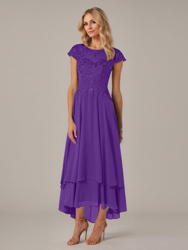 A-Linien Boot-Ausschnitt Illusions asymmetrisches Chiffon-Spitzen Mutterkleid der Braut mit Applikationsfalten