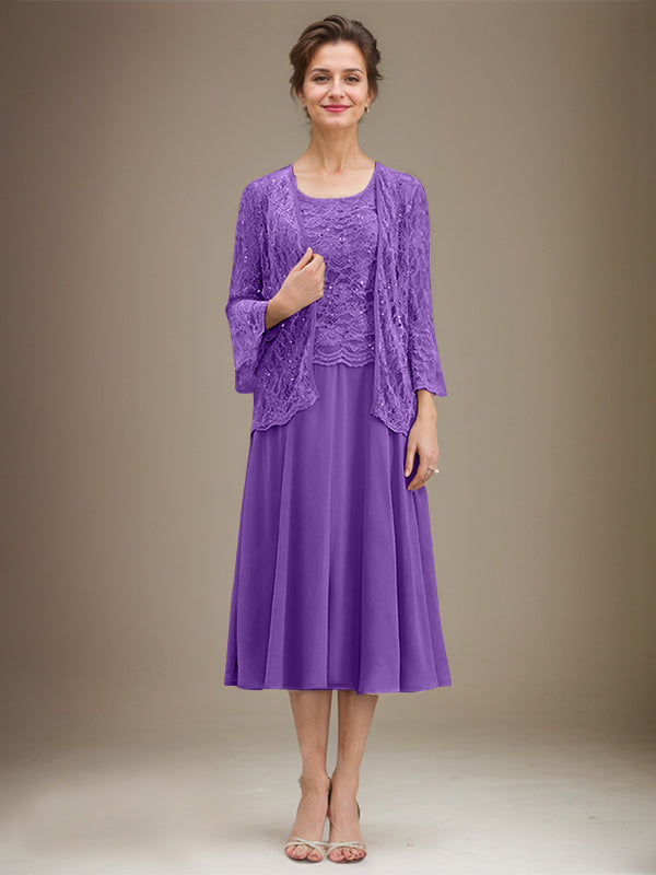 A-Linien Spitzen-Chiffon-Brautmutterkleid mit V-Ausschnitt, tea-length, mit Pailletten