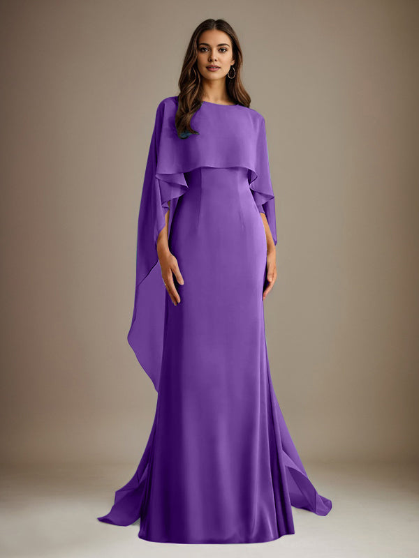 Etuikleid/Säulenkleid Bootsausschnitt bodenlanges Chiffon Mutter-des-Braut-Kleid mit kaskadierenden Rüschen
