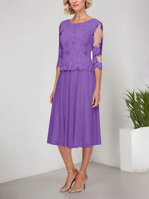 A-Linie Rundhals Tee-Länge Spitze Chiffon Mutter-der-Braut-Kleid mit Stickerei