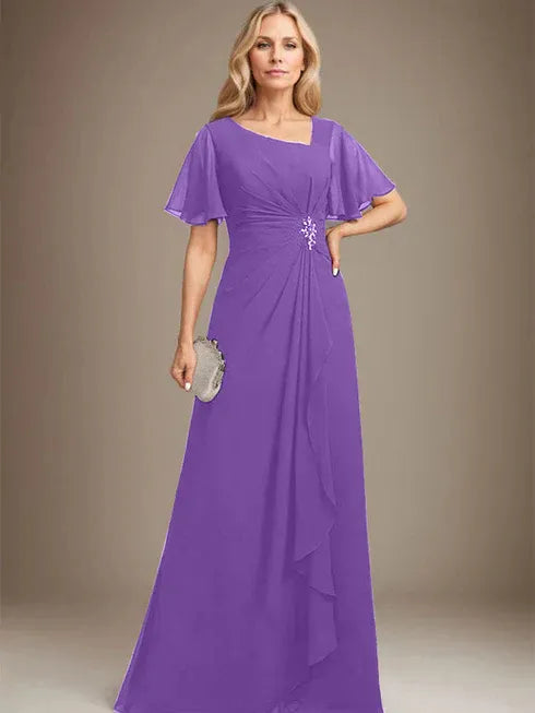 A-Linien asymmetrisches bodenlanges Chiffon Mutter-der-Braut-Kleid mit plissierten Perlen und Pailletten