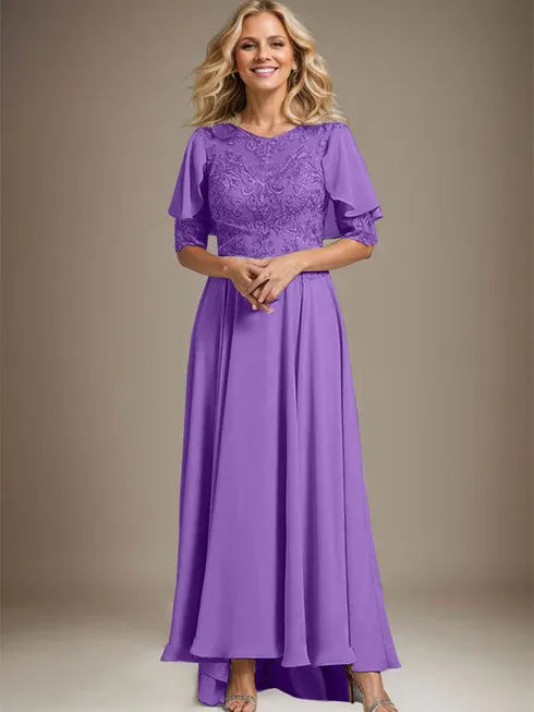 A-Linien Kleid mit Scoop-Ausschnitt, Illusion, asymmetrischem Chiffon und Spitzen, Mutter-der-Braut-Kleid mit Perlenbesatz