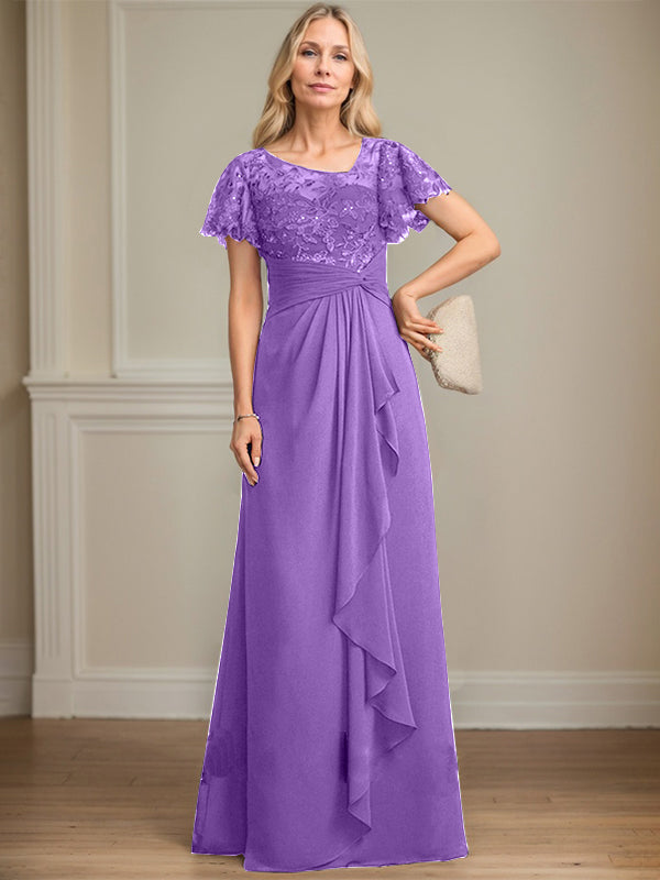 A-Linie asymmetrisches Illusions bodenlanges Spitzen-Chiffon Brautmutterkleid mit kaskadierenden Volants und Pailletten