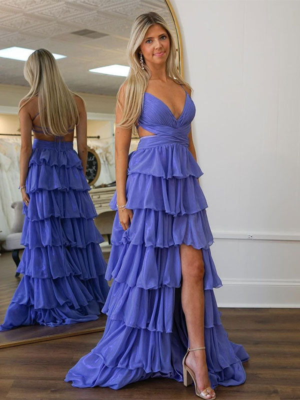 Robe de bal violette en ligne A à bretelles spaghetti et col en V avec volants en cascade
