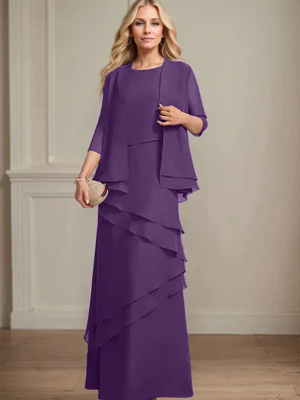 Abito da madre della sposa in chiffon a colonna con scollatura a U e lunghezza fino a terra