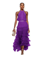 A Line Pink Chiffon Halter Neck Sleeveless Ankle Length Dress With Cascading Ruffles