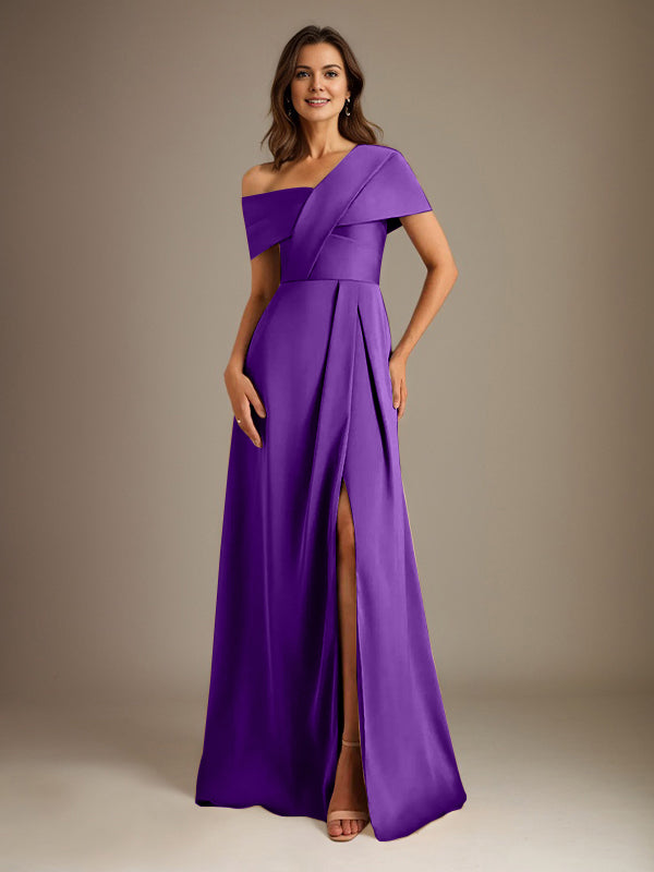 A-Linien asymmetrischer Ausschnitt bodenlanges Satin-Brautkleid für die Brautmutter mit Falten