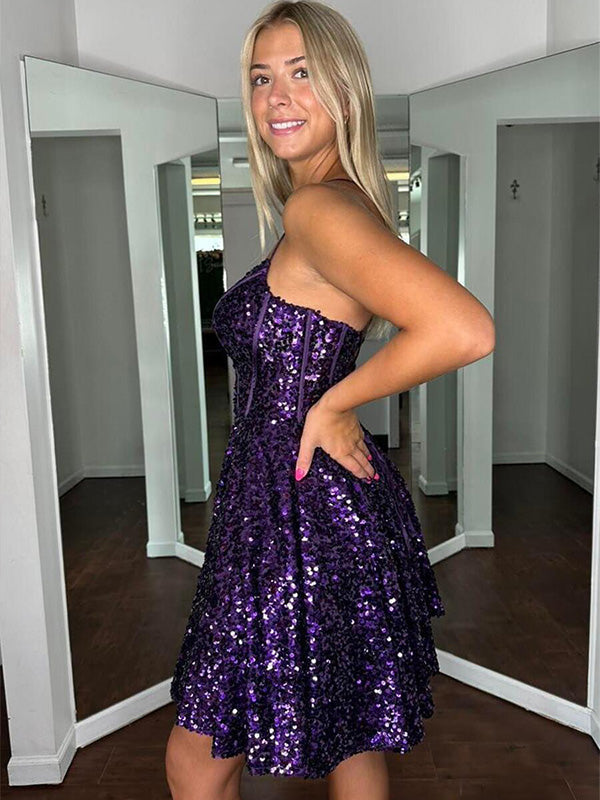 Purple A-line Sequin Spaghetti Straps Short Homecoming Dress
