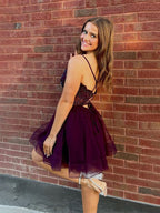Purple A-line V Neck Beaded Short Tulle Homecoming Dress