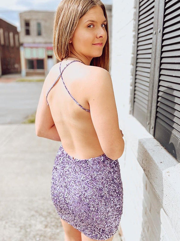 Purple Bodycon Criss-Cross Back Sequin Homecoming Dress