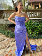 Vestido Longo de Baile Sereia Roxo Tomara que Caia Plissado com Cauda