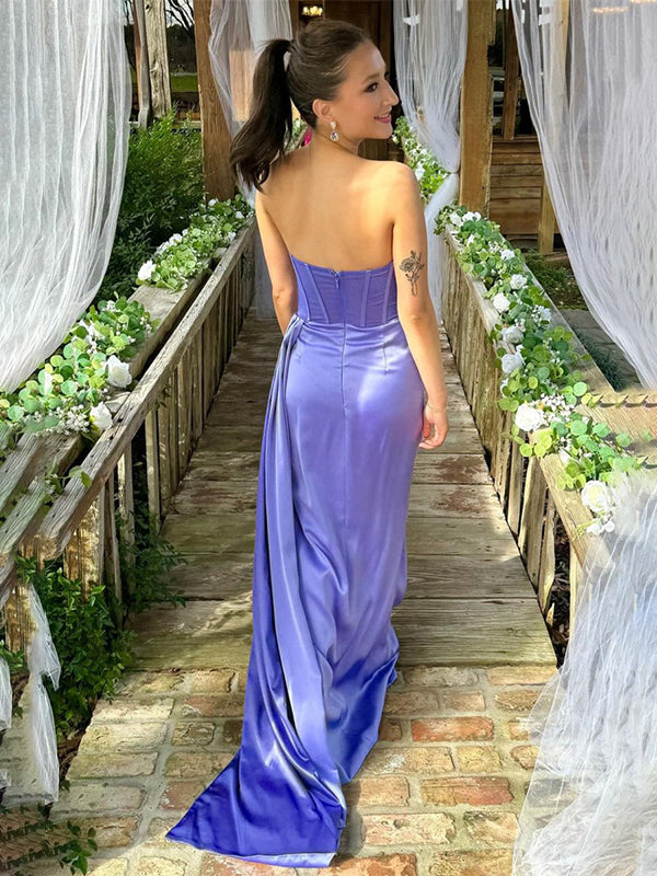 Vestido Longo de Baile Sereia Roxo Tomara que Caia Plissado com Cauda