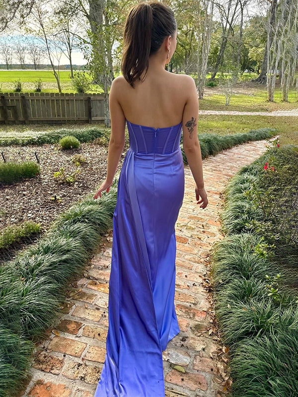 Vestido Longo de Baile Sereia Roxo Tomara que Caia Plissado com Cauda