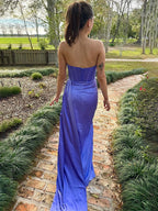 Vestido Longo de Baile Sereia Roxo Tomara que Caia Plissado com Cauda