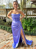 Vestido Longo de Baile Sereia Roxo Tomara que Caia Plissado com Cauda