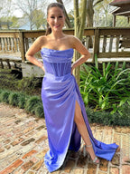 Vestido Longo de Baile Sereia Roxo Tomara que Caia Plissado com Cauda