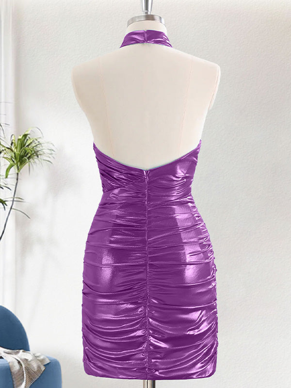 Purple Metallic Tight Halter Backless Satin Homecoming Dress