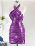 Purple Metallic Tight Halter Backless Satin Homecoming Dress