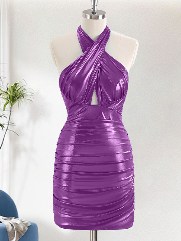 Purple Metallic Tight Halter Backless Satin Homecoming Dress