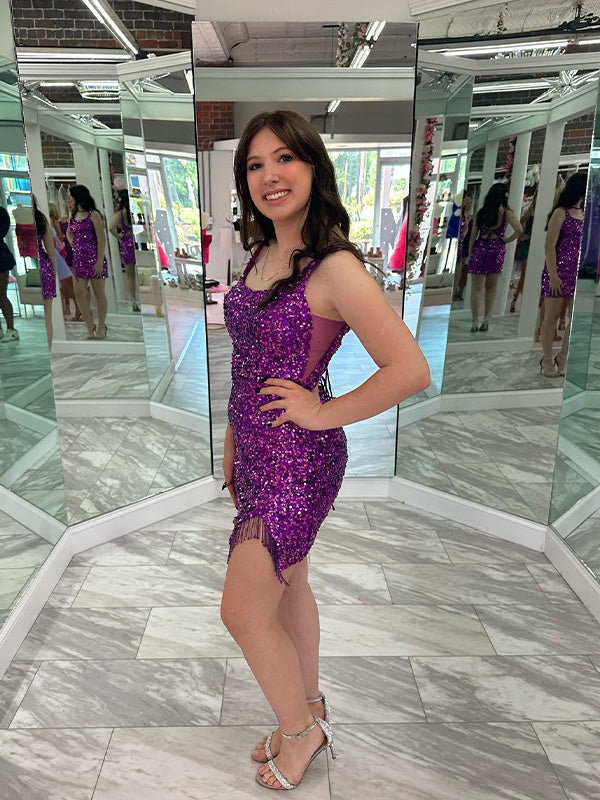 Purple Square Neck Sequin Tassels Homecoming Dress