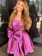 Purple Strapless A-Line Ruched Short Homecoming Dress with Bow