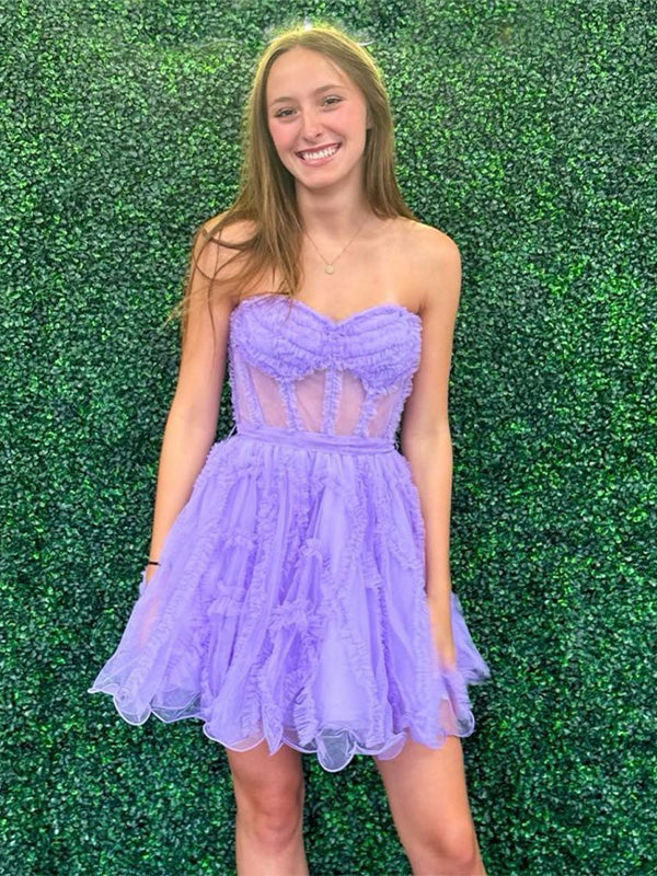 Purple Strapless Tulle A-Line Short Homecoming Dress With Belt