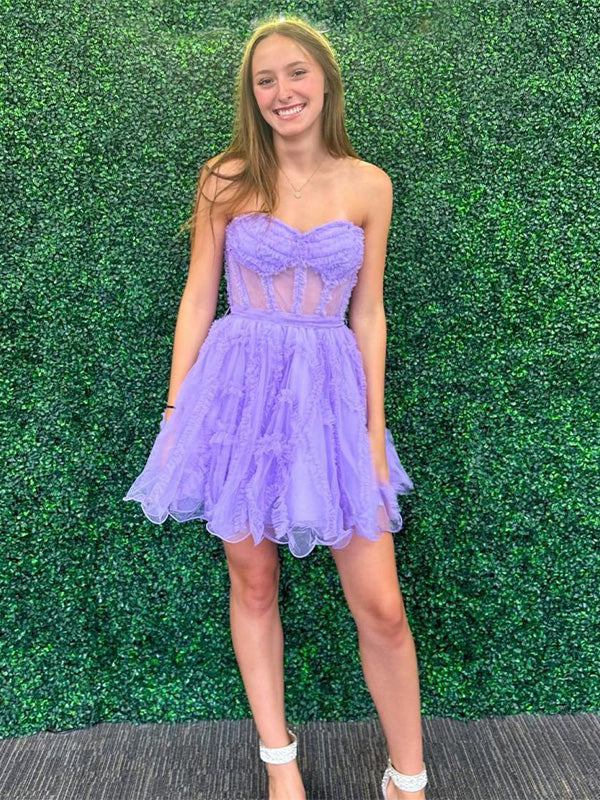 Purple Strapless Tulle A-Line Short Homecoming Dress With Belt