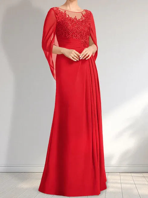 A-Linien Rundhals Illusions bodenlanges Spitzen-Chiffon Kleid für die Brautmutter mit plissierten Pailletten