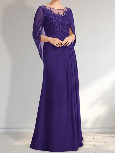 A-Linien Rundhals Illusions bodenlanges Spitzen-Chiffon Kleid für die Brautmutter mit plissierten Pailletten