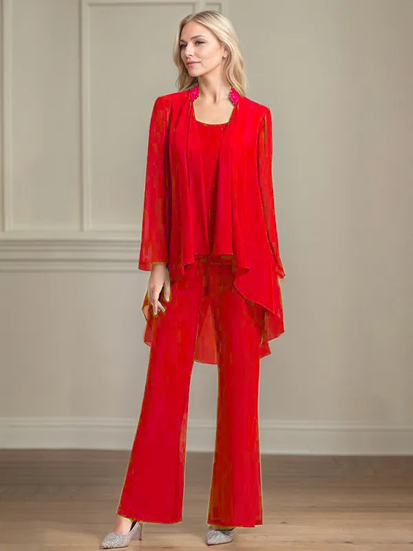 Chiffon Kleid mit Rundhalsausschnitt, langen Ärmeln, bodenlang, Hosenanzug für die Brautmutter