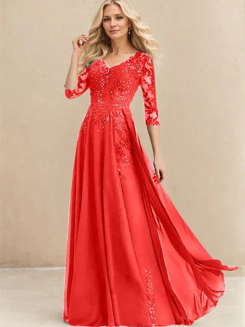 A-Linien V-Ausschnitt Bodenlanges Spitzen-Chiffon Kleid für die Brautmutter mit Pailletten