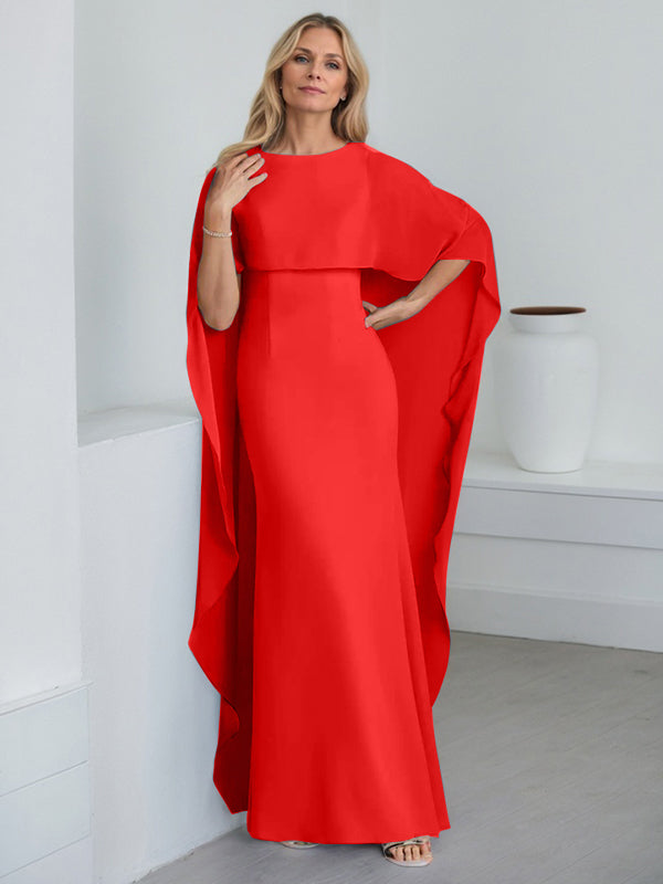 Etui-Kleid mit Rundhalsausschnitt, bodenlang, Chiffon, Mutter-der-Braut-Kleid mit kaskadierenden Rüschen